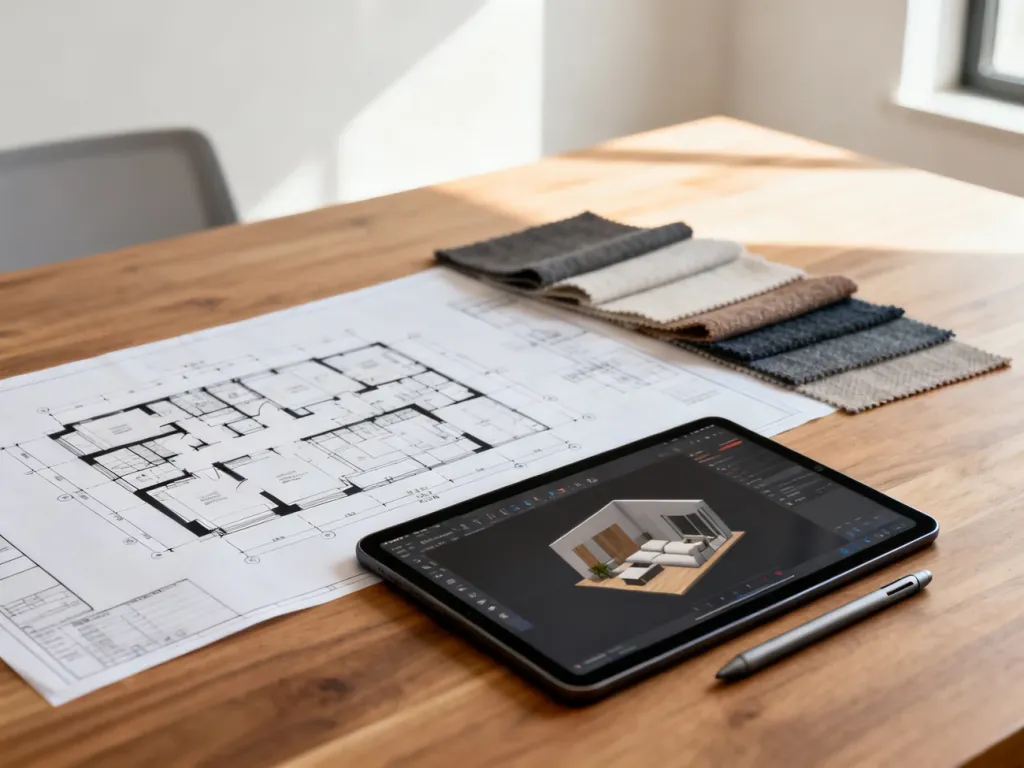 Biurko architekta z planami, próbkami tkanin i tabletem z wizualizacją 3D, ilustrujące proces profesjonalnego projektowania.