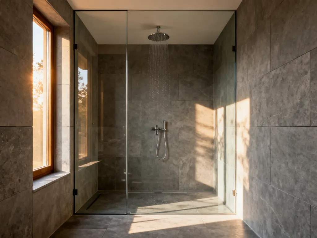 Nowoczesny prysznic typu walk-in z szklaną ścianką i szarymi płytkami, prezentujący minimalistyczny design łazienki.
