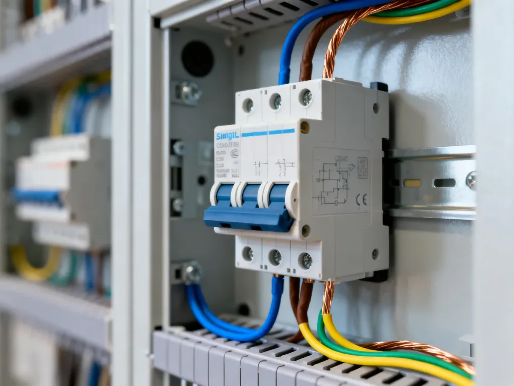 Schemat podłączenia wyłącznika różnicowoprądowego jednofazowego z widocznymi przewodami w rozdzielnicy elektrycznej.