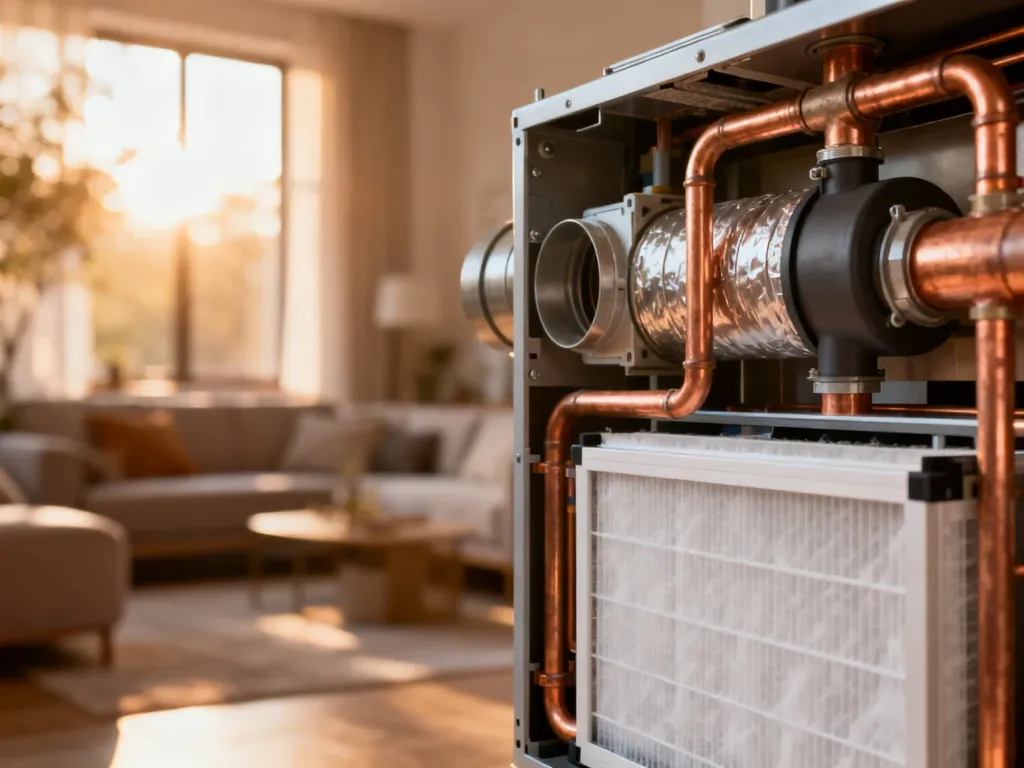 Przekrój nowoczesnej centrali rekuperacyjnej z widocznymi filtrami i instalacją w tle przytulnego salonu.