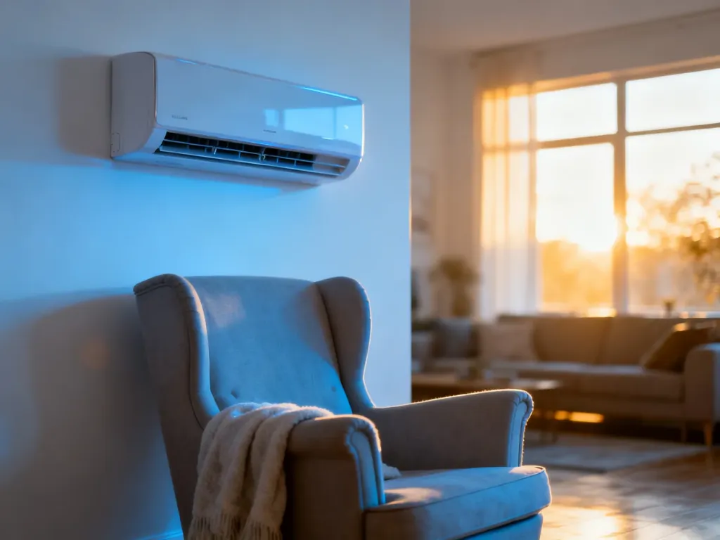 Nowoczesny klimatyzator ścienny w przytulnym salonie, zapewniający komfortową temperaturę w domu.