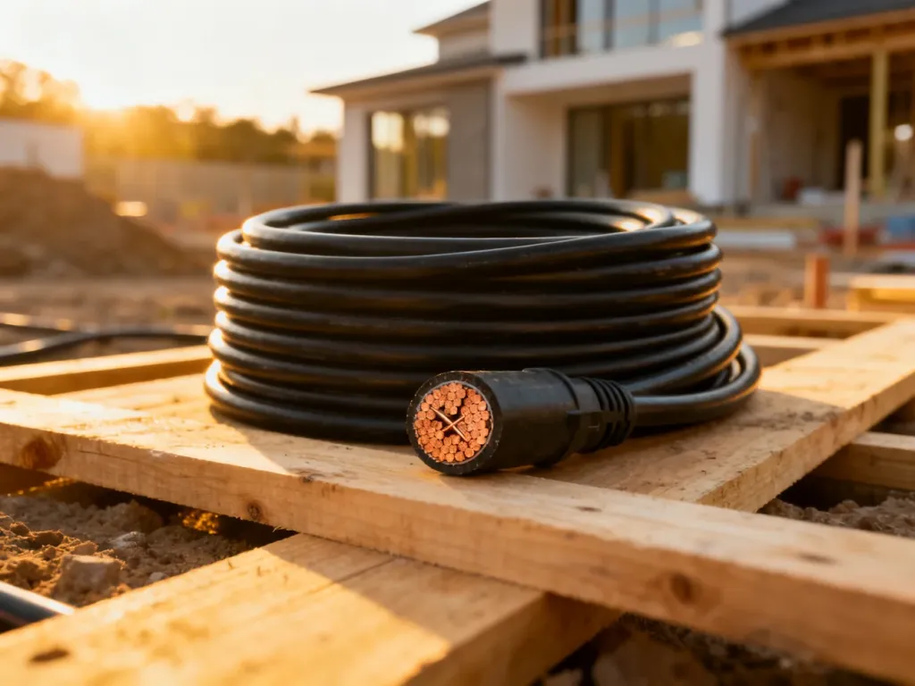 Gruby czarny kabel elektryczny z widocznym przekrojem miedzianych żył na tle placu budowy domu w świetle zachodzącego słońca.