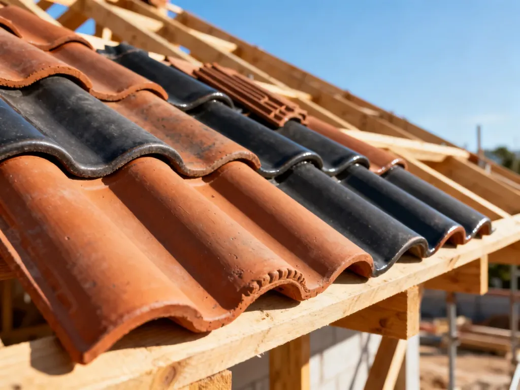 Rząd ceramicznych dachówek w kolorach naturalnej terakoty i antracytu ułożonych na drewnianej konstrukcji dachu.