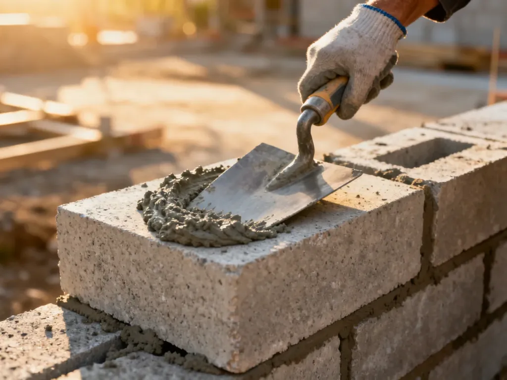 Kielnia nakładająca szarą zaprawę na betonowe bloczki podczas prac murarskich w świetle poranka.