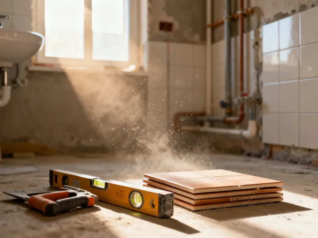 Narzędzia budowlane i płytki ceramiczne w trakcie remontu nowoczesnej łazienki z widocznymi instalacjami.