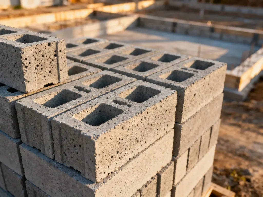 Stos szarych betonowych bloczków fundamentowych przygotowanych do budowy na placu budowy w świetle poranka.