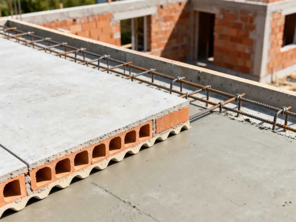 Porównanie przekroju stropu Teriva z pustakami ceramicznymi oraz litej płyty żelbetowej na placu budowy.