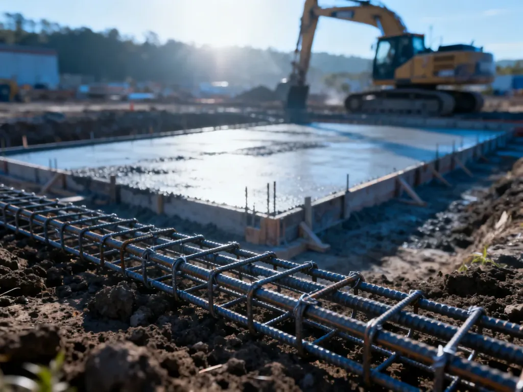 Zbrojenie z prętów stalowych przygotowane do wylania betonowej płyty fundamentowej na placu budowy.