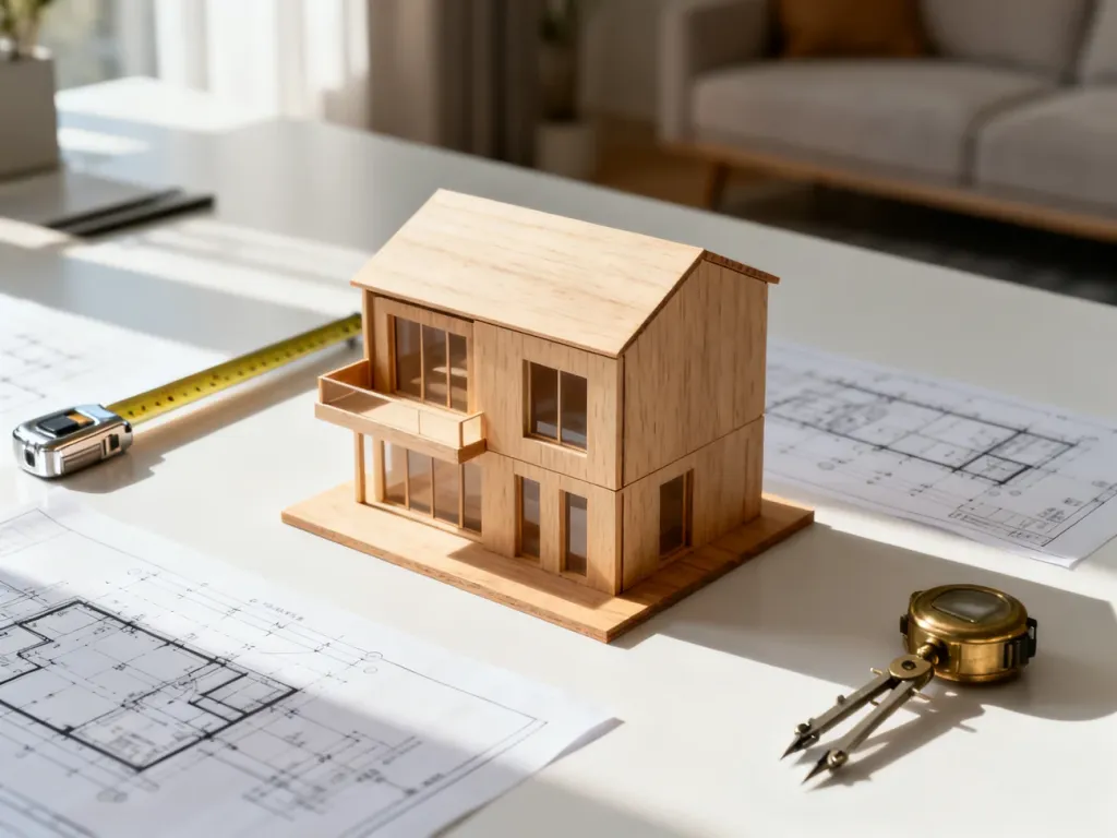 Minimalistyczny model domu na biurku z planami budowlanymi i narzędziami pomiarowymi, symbolizujący planowanie wykończenia.