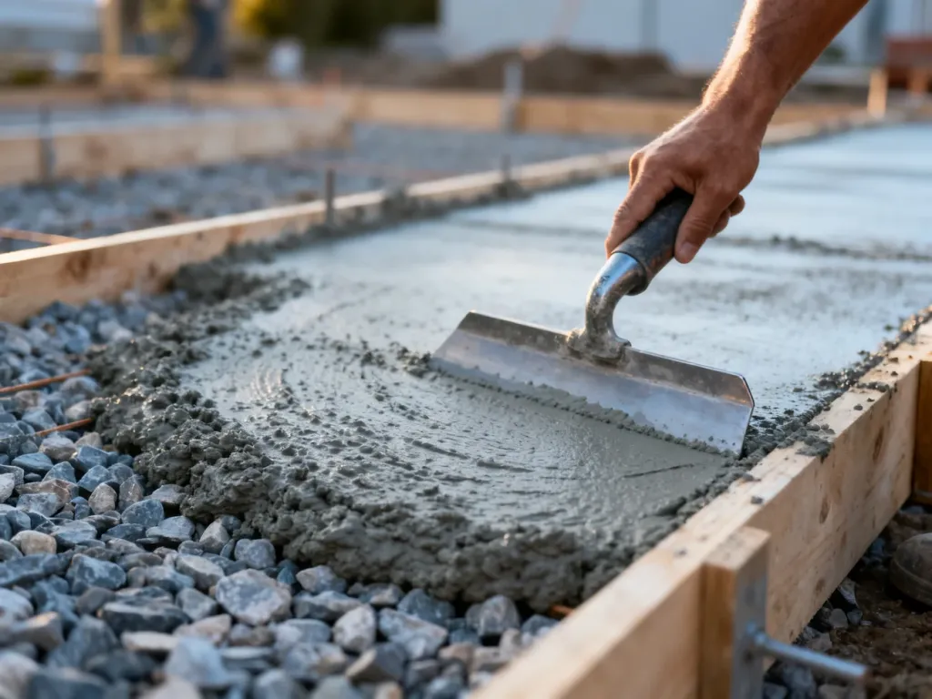 Świeży beton wylewany na podłoże i wyrównywany metalową pacą na placu budowy.