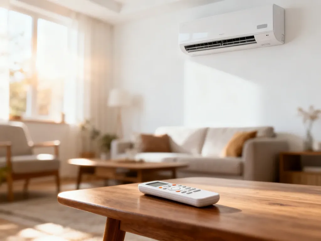 Nowoczesny klimatyzator ścienny w salonie oraz pilot leżący na stoliku, ilustrujące komfort domowej klimatyzacji.
