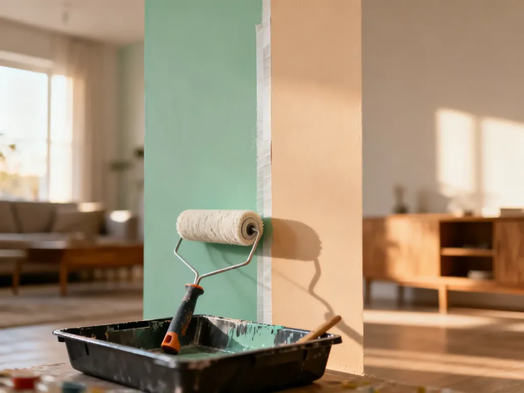 Ściana w salonie pomalowana na szałwiowy i beżowy kolor, z wyraźną linią odcięcia wykonaną przy użyciu taśmy malarskiej.