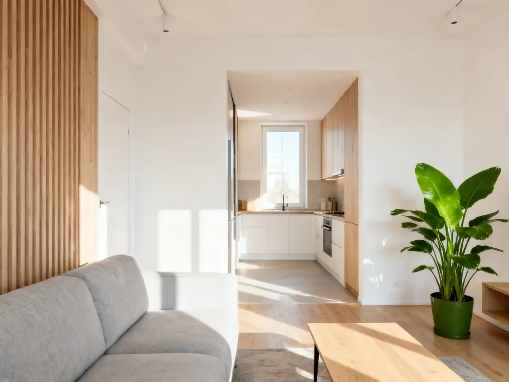 Jasny i minimalistyczny salon połączony z kuchnią w mieszkaniu o powierzchni 50 m², urządzony w przytulnym stylu.