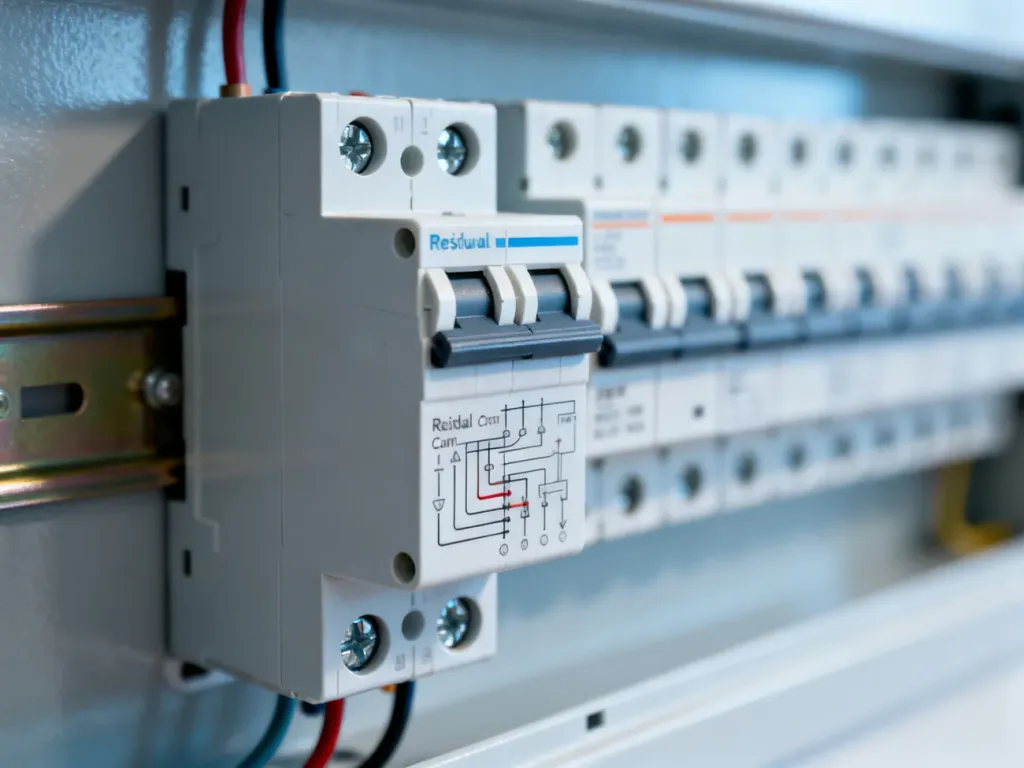 Zbliżenie na wyłącznik różnicowoprądowy w domowej rozdzielnicy elektrycznej z widocznym schematem podłączenia przewodów.
