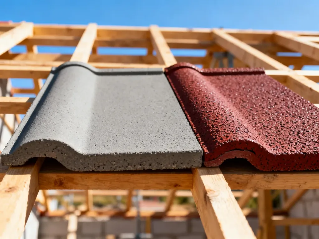 Porównanie dwóch rodzajów nowoczesnych dachówek betonowych: gładkiej szarej oraz teksturowanej w kolorze głębokiej czerwieni.