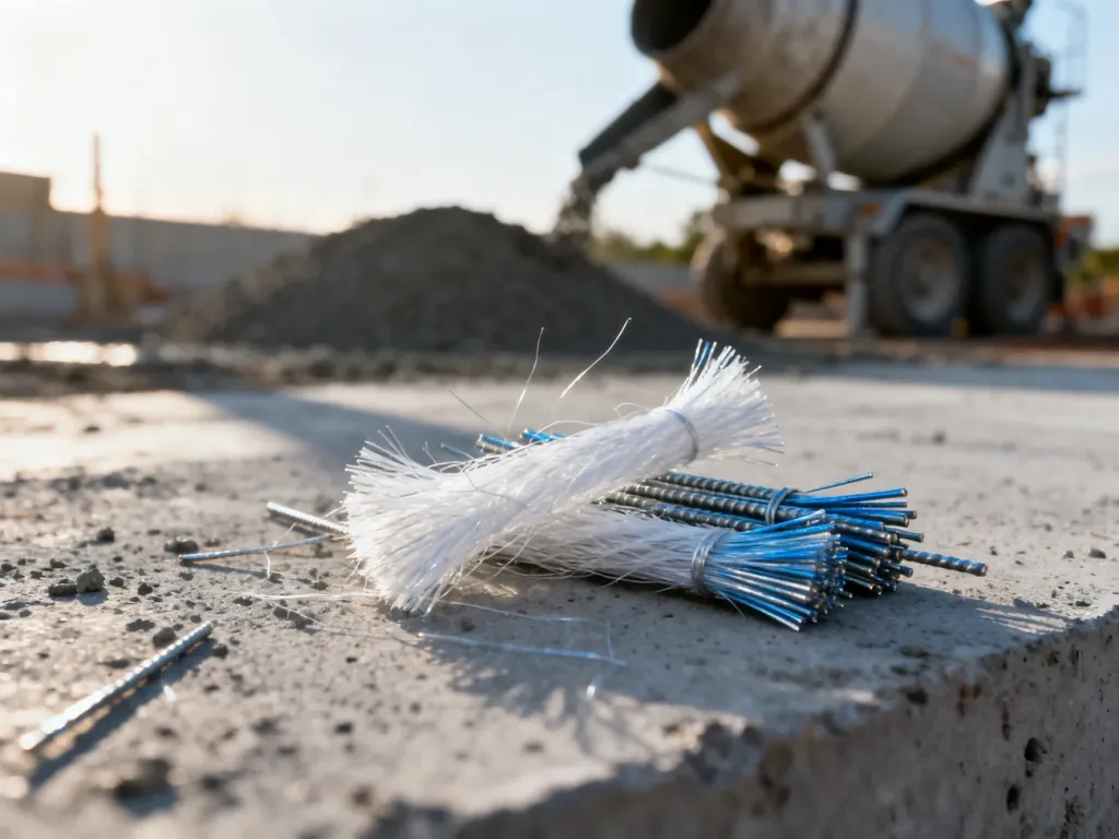Włókna polipropylenowe rozsypane na betonowym podłożu, gotowe do zbrojenia mieszanki betonowej.