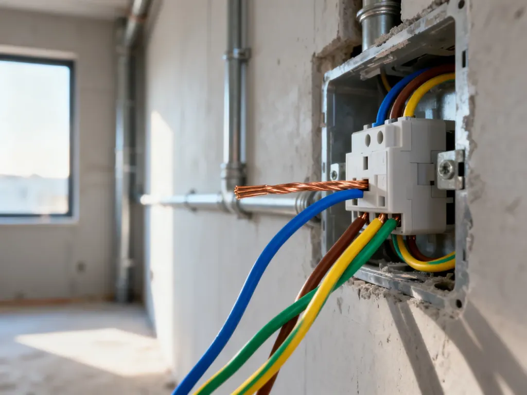 Zbliżenie na profesjonalny montaż gniazdka elektrycznego z widocznymi przewodami w instalacji domowej.
