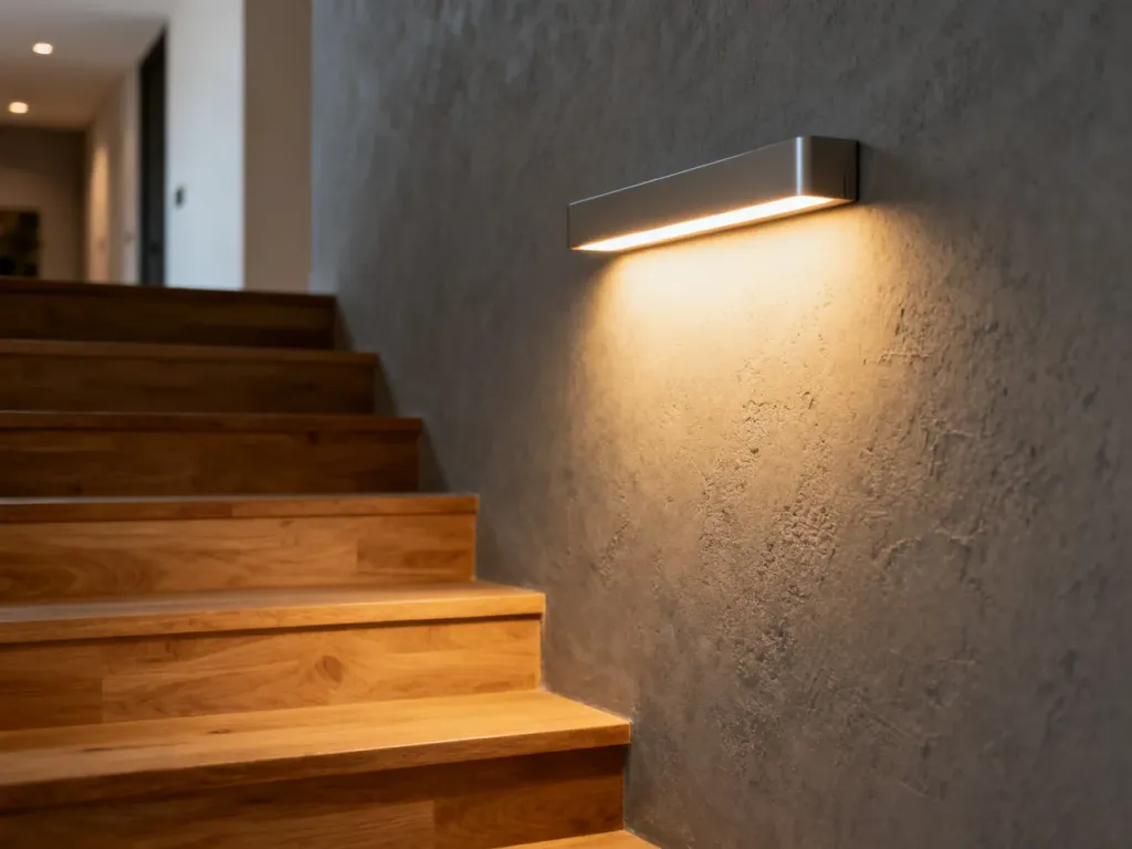 Nowoczesna lampa ścienna LED zamontowana na optymalnej wysokości nad schodami z jasnego drewna dębowego.