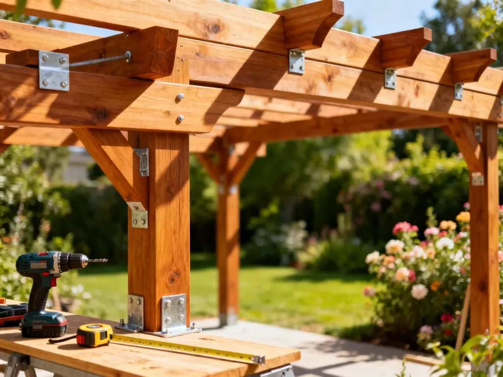 Solidna drewniana pergola w trakcie budowy z widocznymi narzędziami stolarskimi na tle słonecznego ogrodu.