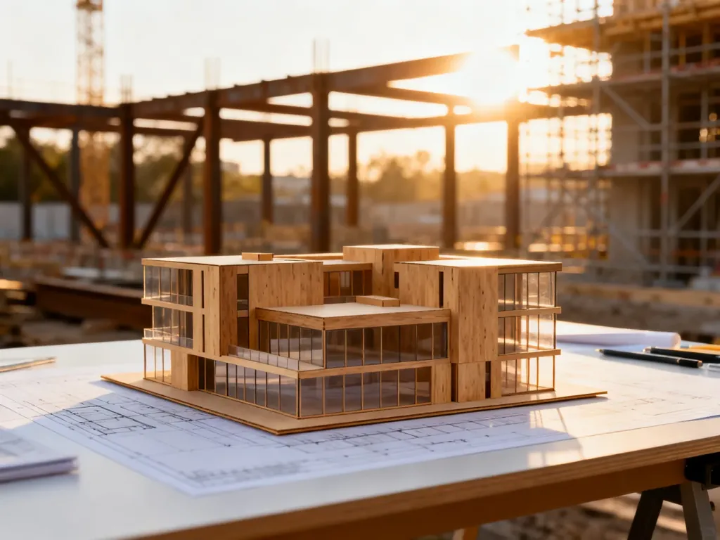 Makieta nowoczesnego kompleksu budynków na tle placu budowy, ilustrująca proces planowania inwestycji architektonicznej.
