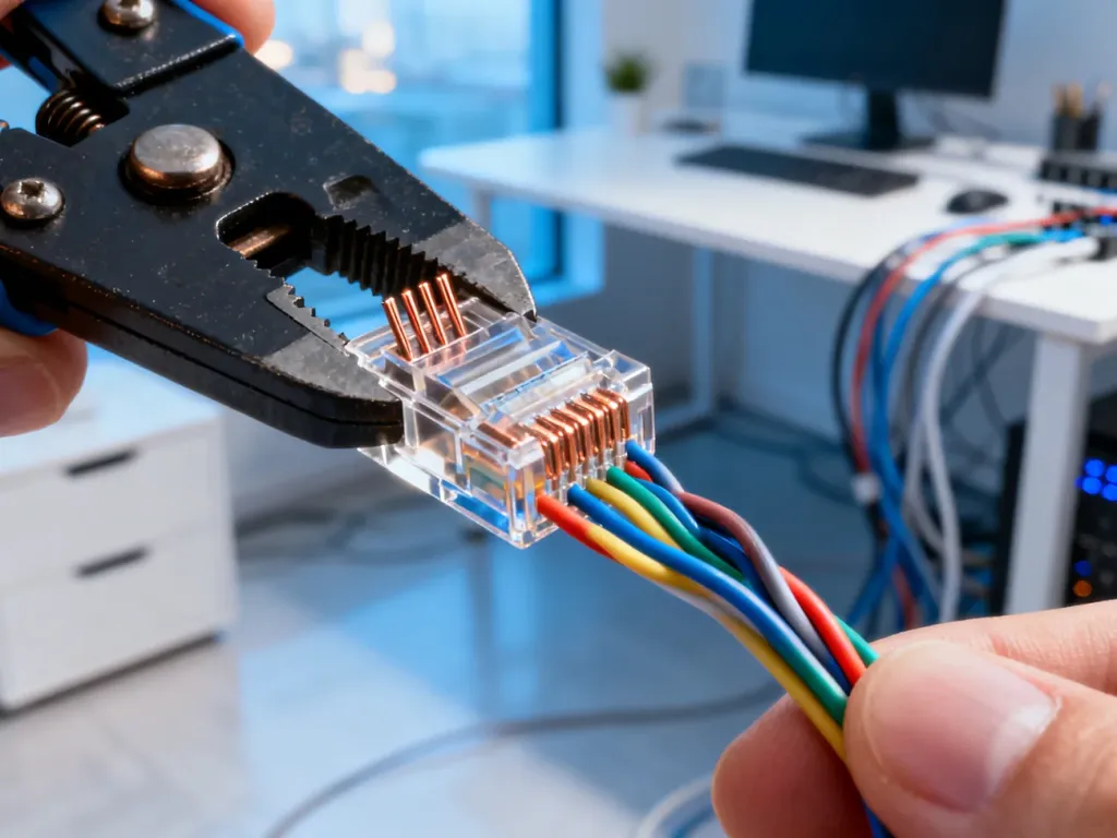 Zaciskanie wtyku RJ45 na przewodzie typu skrętka przy użyciu profesjonalnej zaciskarki.